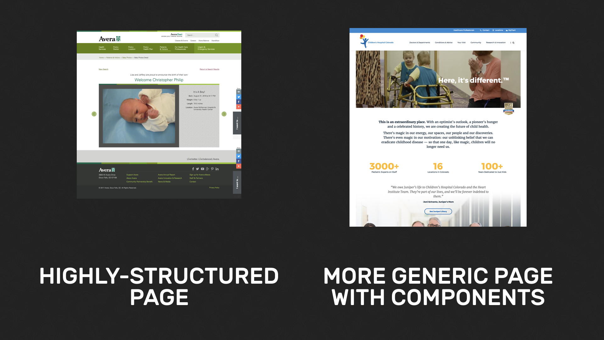 Highly-structured page side by side with a more generic page with components