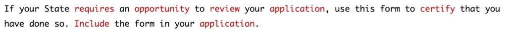 simple writer text: "If your State requires an opportunity to review your application, use this form to certify that you have done so. Include the form in your application."