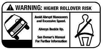warning: higher rollover risk. avoid abrupt maneuvers and excessive speed. always buckle up. see owners manual for further instruction. with image of car rolling and person using seatbelt